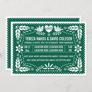 Emerald green papel picado love birds wedding invitation