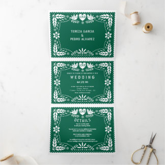 Emerald Green papel picado love birds wedding Tri-Fold Invitation