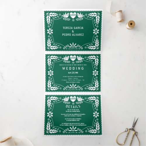 Emerald Green papel picado love birds wedding Tri_Fold Invitation