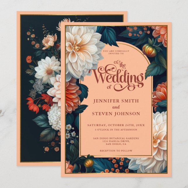 Emerald Green Pastel Peach Dahlia Autumn Wedding Invitation (Front/Back)