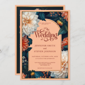 Emerald Green Pastel Peach Dahlia Autumn Wedding Invitation