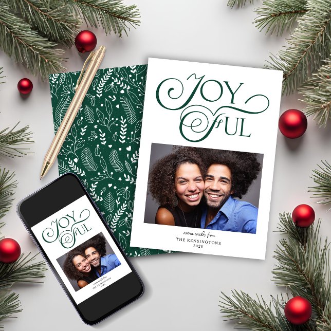 Emerald Green Pattern Joyful Christmas Photo Holiday Card (Emerald Green Pattern Joyful Christmas Photo Holiday Card)