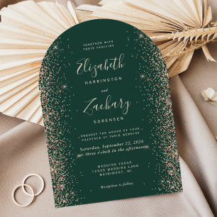 Emerald Green Peach Glitter Arch Wedding Invitation