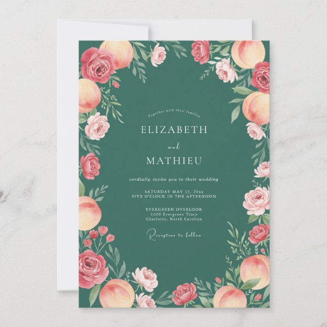Emerald Green Peach Orchard Wedding Invitation (Front)