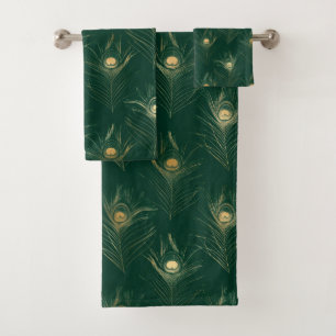 EMERALD GREEN PEACOCK FEATHER BATHROOM TOWEL SET