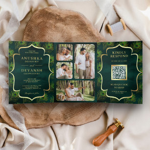 Emerald Green Peacock Feathers QR Code Wedding Tri-Fold Invitation