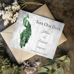 Emerald Green Peacock Save The Date Announcement