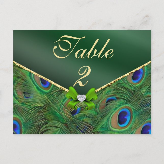 Emerald Green Peacock Table Number Card (Front)