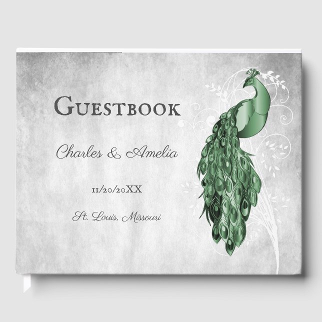 Emerald Green Peacock Wedding Guest Book (Front)