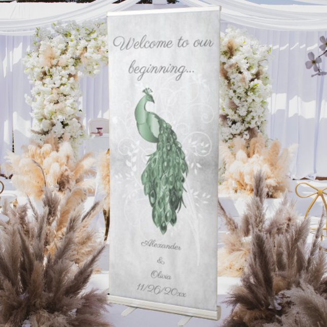 Emerald Green Peacock Wedding Retractable Banner (Green Peacock Wedding Welcome Banner)