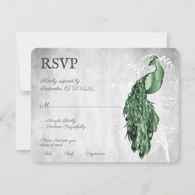 Emerald Green Peacock Wedding RSVP Card (Front)