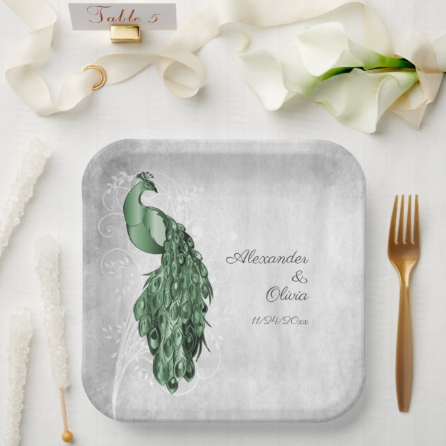 Emerald Green Peacock Wedding Shower Paper Plates (Wedding)