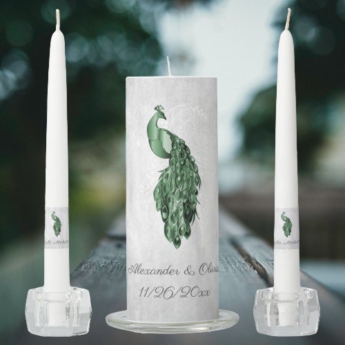 Emerald Green Peacock Wedding Unity Candle Set