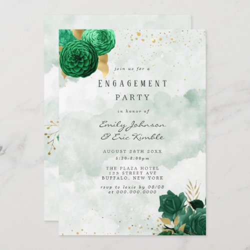 Emerald Green Peony and Gold Engagement Party Invitation