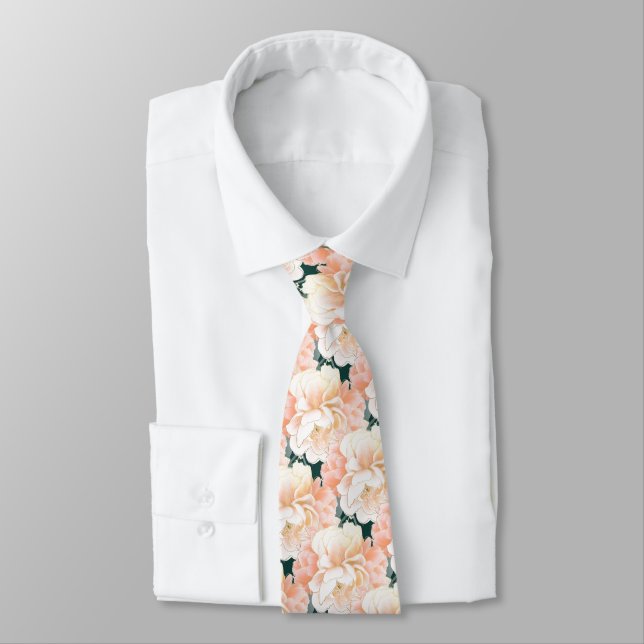 Emerald Green Peony Floral Pattern Wedding Neck Tie (Tied)