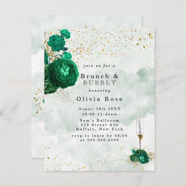 Emerald Green Peony Gold Brunch & Bubbly Invite (Front/Back)