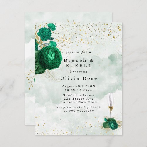 Emerald Green Peony Gold Brunch  Bubbly Invite