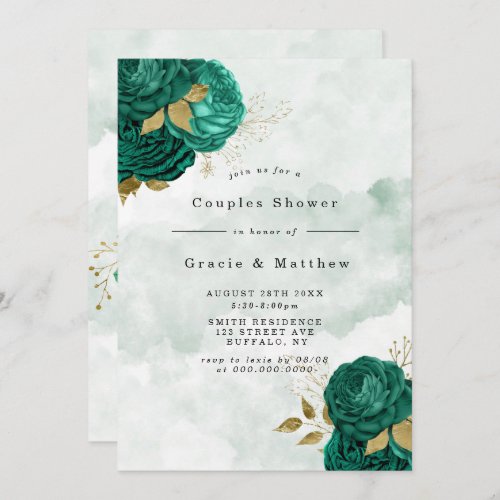 Emerald Green Peony Gold Couples Shower Invites