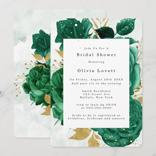 Emerald Green Peony Gold Glitter Bridal Shower Invitation (Front/Back)