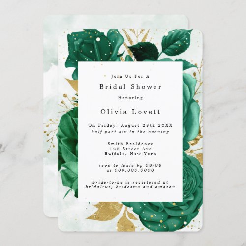 Emerald Green Peony Gold Glitter Bridal Shower Invitation