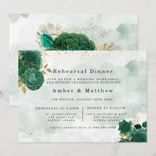 Emerald Green Peony Gold Glitter Rehearsal Dinner Invitation (Front/Back)