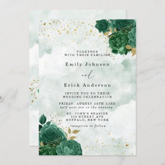 Affordable Emerald Green and Gold Wedding Invites with Peony and Glitter