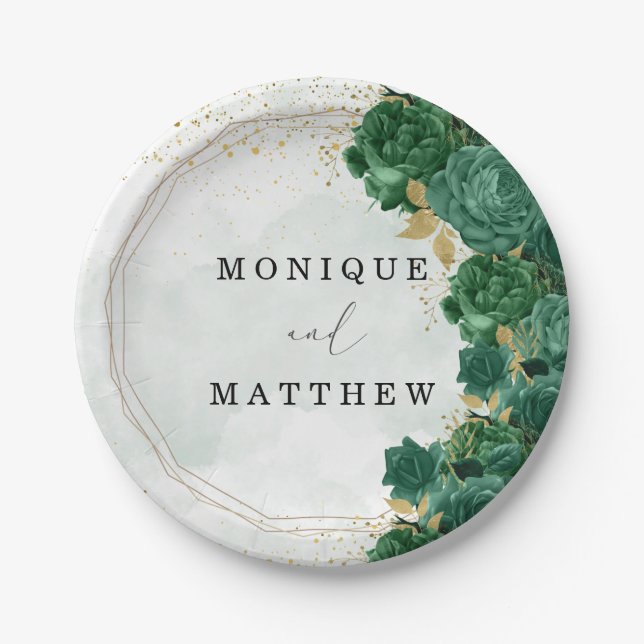Emerald Green Peony Gold Shine Wedding Paper Plates (Front)