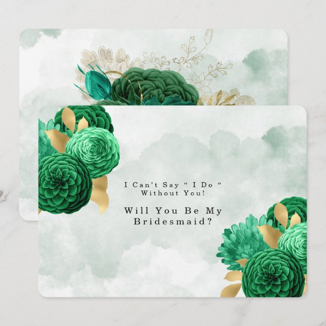 Emerald Green Peony Gold Will You Be My Bridesmaid Invitation (Front/Back)