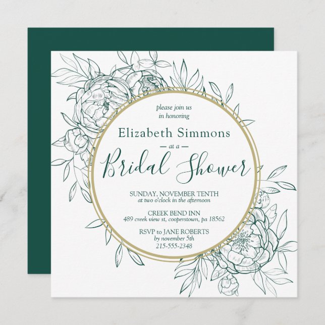 Emerald Green Peony Modern Toile Bridal Shower Invitation (Front/Back)
