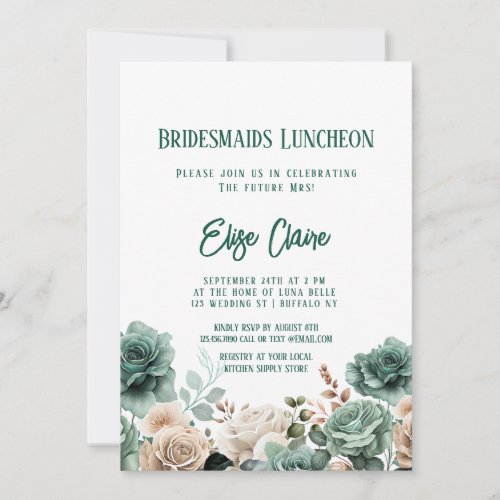 Emerald Green Peony Wedding Bridesmaids Luncheon Invitation