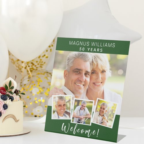 Emerald green photo collage birthday party welcome pedestal sign