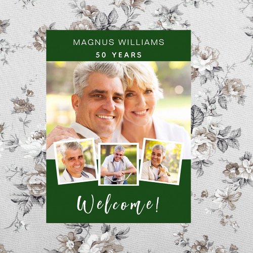 Emerald green photo collage birthday party welcome poster