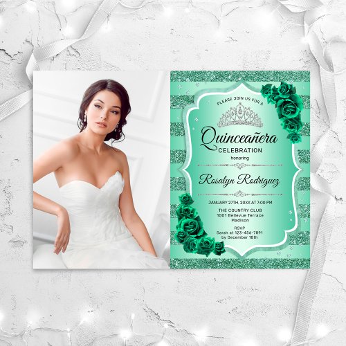 Emerald Green Photo Floral Quinceanera Invitation