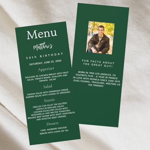 Emerald green photo fun facts birthday menu card