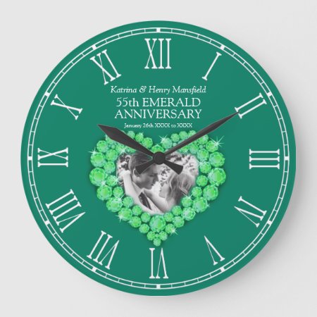 Emerald Green Photo Heart 55th Wedding Anniversary Large Clock
