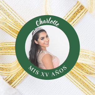 Emerald green photo name Quinceanera Classic Round Sticker