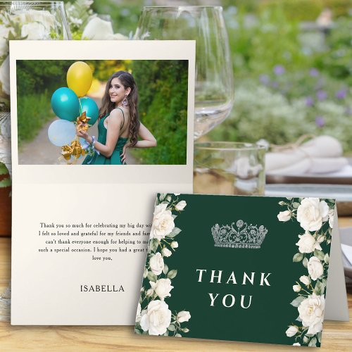 Emerald Green Photo Princess Tiara Quinceanera Thank You Card