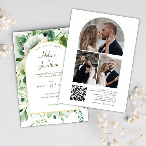 Emerald Green Photo QR Code Floral Wedding Invitation