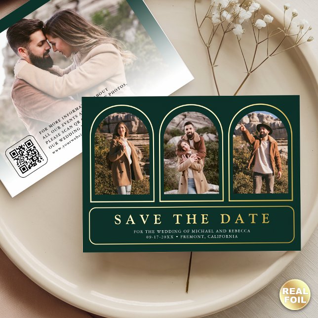 Emerald Green Photo QR Code Wedding Save the Date Foil Invitation (Creator Uploaded)