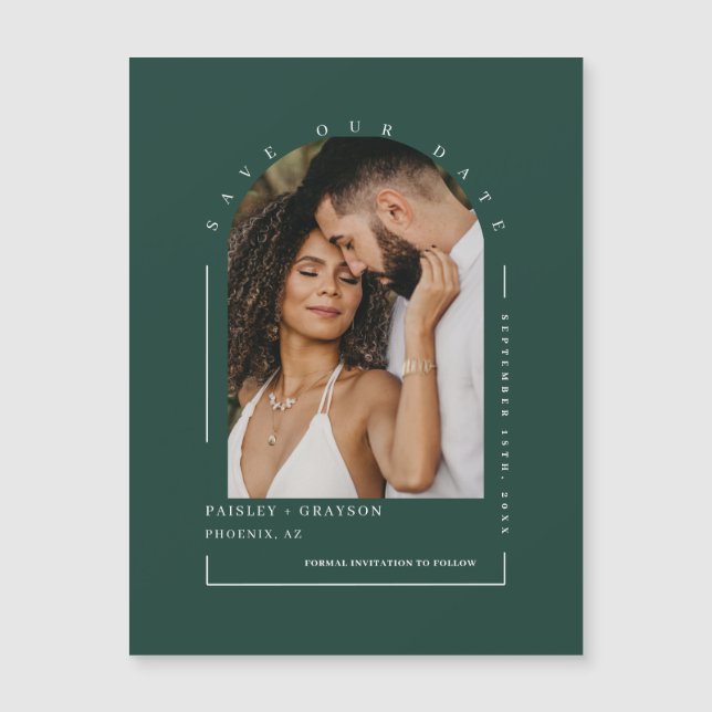 Emerald Green Photo Save Our Date Magnetic Card (Front)