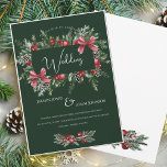 Emerald Green Pine and Bow Christmas Wedding Invitation<br><div class="desc">Emerald Green Pine and Bow Christmas Wedding Invitation. Celebrate your holiday wedding in style with this emerald green Christmas invitation,  adorned with red bows,  winter berries,  pine branches,  and frosted greenery. A festive and romantic design for couples planning an elegant winter ceremony filled with seasonal charm.</div>