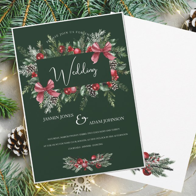 Emerald Green Pine and Bow Christmas Wedding Invitation (Creator Uploaded)