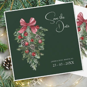 Emerald Green Pine and Bow Christmas Wedding Save The Date