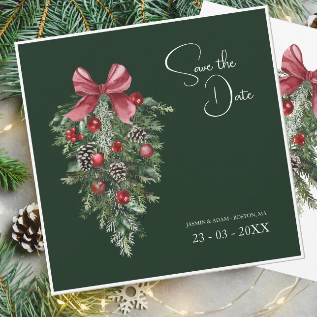 Emerald Green Pine and Bow Christmas Wedding Save The Date (Creator Uploaded)