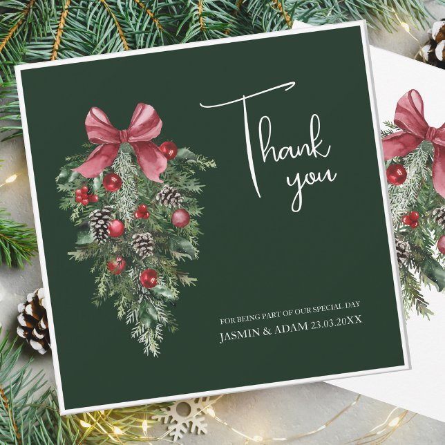Emerald Green Pine and Bow Christmas Wedding Thank You Card (Creator Uploaded)