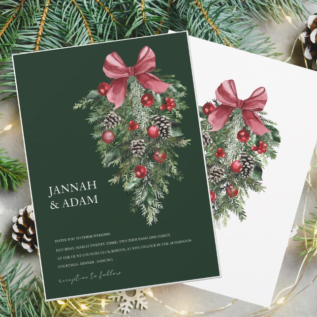 Emerald Green Pine Swag Christmas Wedding Invitation (Creator Uploaded)