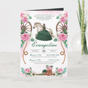 Emerald Green Pink Charro Quinceanera Add Photo Invitation