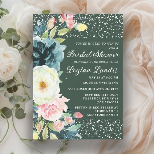 Emerald Green Pink Cream Floral Bridal Shower Invitation