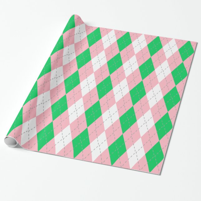 Emerald Green Pink Dk Gray Wht XL Argyle Wrapping Paper (Unrolled)