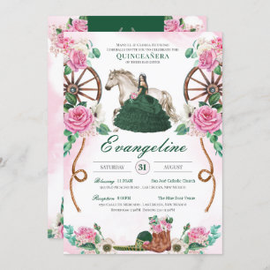 Emerald Green & Pink Floral Charro Quinceanera Invitation